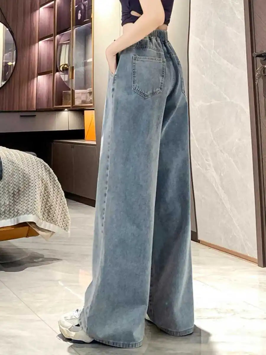 High Waist Straight Leg Dstring Elastic Waist Denim Jeans Women's Spring Autumn Slimming Drapey Lazy Sle Floor Length Pants