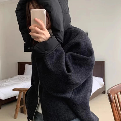 OCEANLOVE Hooded Autumn Winter Woolen Jackets for Woman Solid Warm Chaquetas Korean Fashion Chic Vintage Loose Outwears