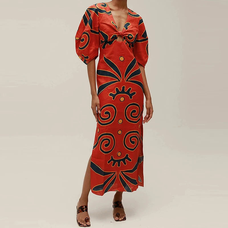 Puff Sleeves High Waist Slim Fit Women's Long Dress Vintage Side Split Holiday Dress Low Cut V Neck Pattern Printed A-line Dress