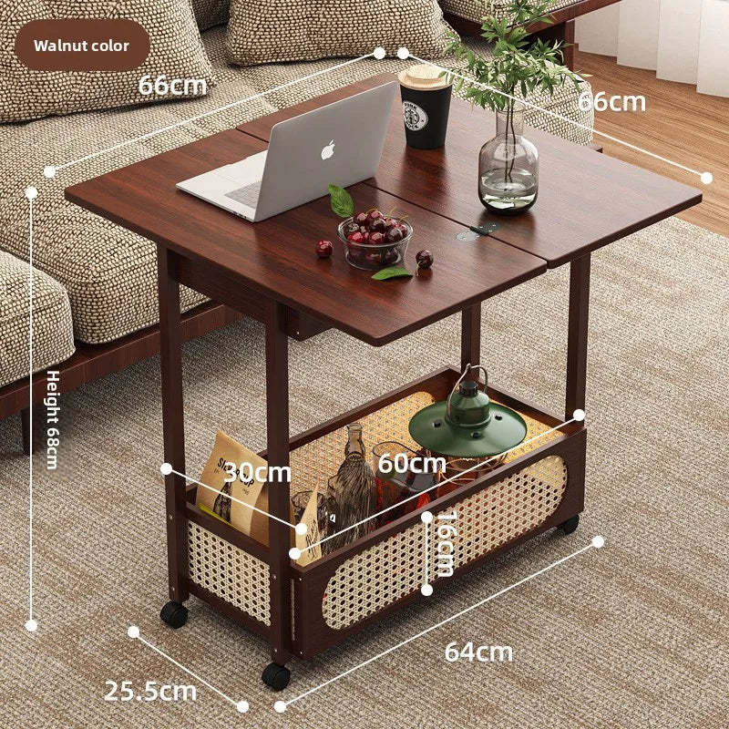 Wooden antique style coffee table, mobile coffee table, sofa side table, cart with pulley storage rack, rattan fence decoration