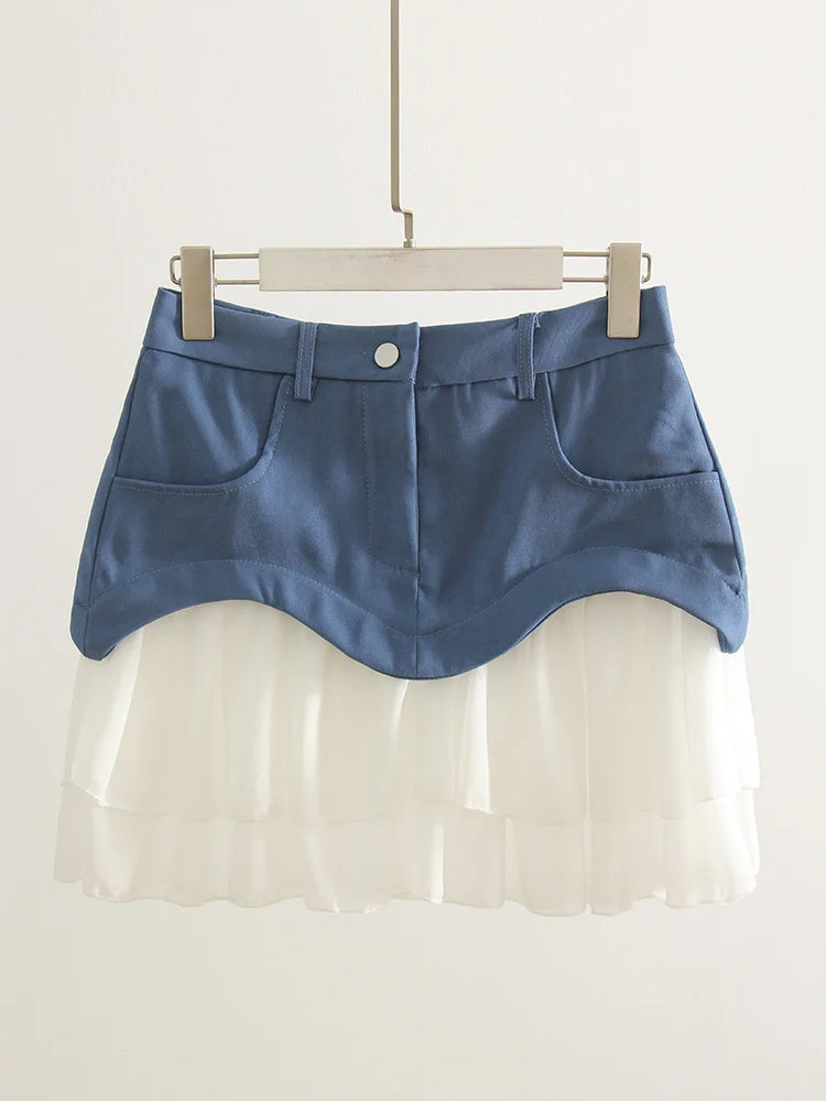 Summer White Patchwork Ruffled Skirts Mini For Women High Waist A Line Flounce Skirt Ladies Pleated Mini Skirts Chiffon Women