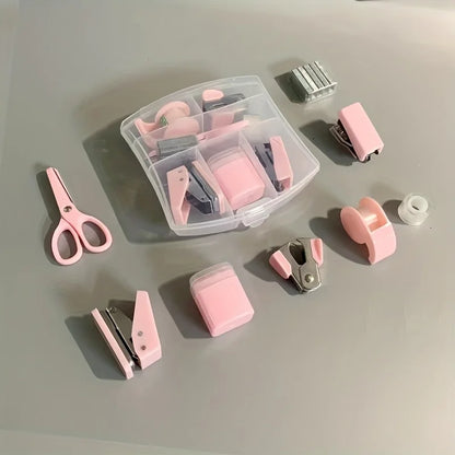 8 PCS Mini Office Supplies Set with Portable Case - Including Scissors Tape Box Pencil Case Puncher and Staples