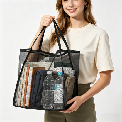 Travel Mesh Beach Bag, Large Beach Tote Bag for Family Travel/Vacation, Sandproof Woven Shoulder Handbag Large Inner Pocket.