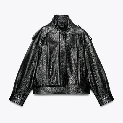 Street PU Leather Bomber Jacket Women Zipper Stand Collar Pocket Loose Vintage Full Sleeve Coat Female 2025 Autumn Lady Outwear