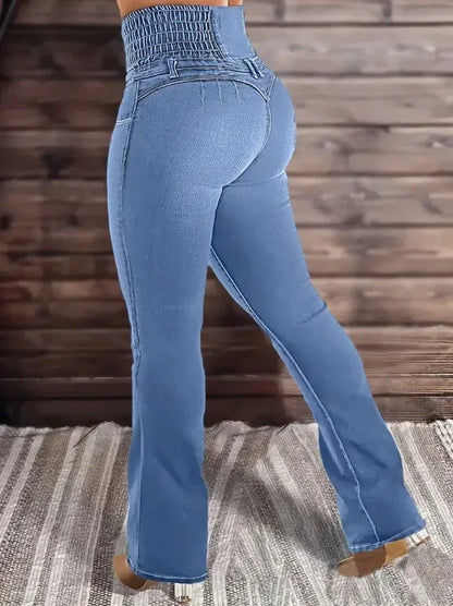 Spring High Waist Elastic Waist Denim Jeans Women's Long Flare Pants Breathable Butt-Lifted plus Size Basic Trousers