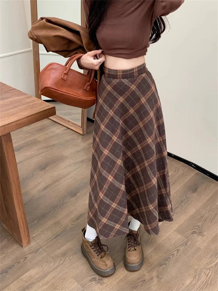 Tweed plaid high waist half-body skirt female fall and winter new retro loose big yards leisure long A-line half-body skirt