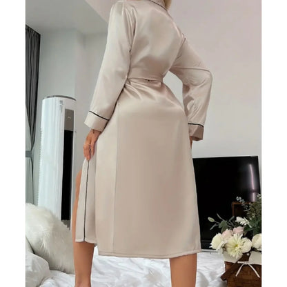 Solid Color Long Ice Silk Pajama Summer Thin Home Clothing Cardigan Bathrobe