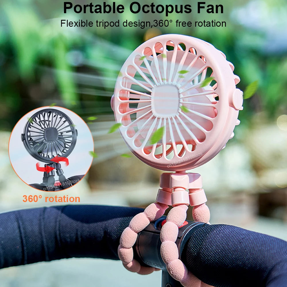 Portable Fan Mini Clip Fan Stroller Fan 360° Rotate Flexible Tripod USB Rechargeable Battery Fan for Car Seat Bike Treadmill