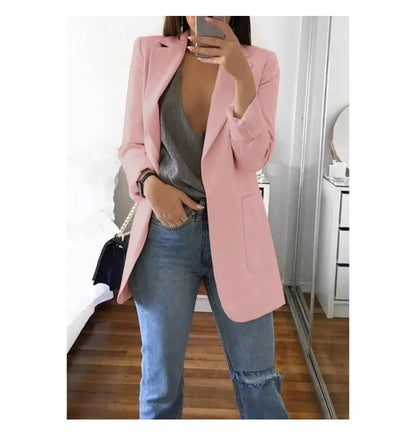 Autumn And Winter Women's Fashion Solid Color Polo Neck Slim Fit Coat Elegant Women's Long Sleeve Pocket Casual Suit Coat S-3XL