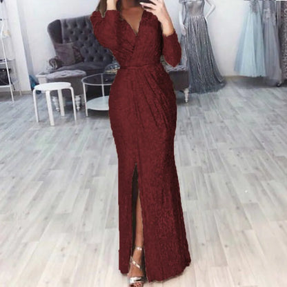 Women's Sequin High Slit Party Dresses Ruched Evening Glitter Dress Deep V Neck Long Sleeve Vestidos 2025 Autumn Female New Robe