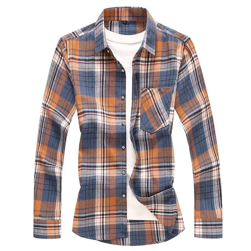 2026 New Men's Long Sleeved Plaid Shirt, with Two Chest Pockets Single Breasted Lapel Cotton Shirts Big Size Male Top Chemise