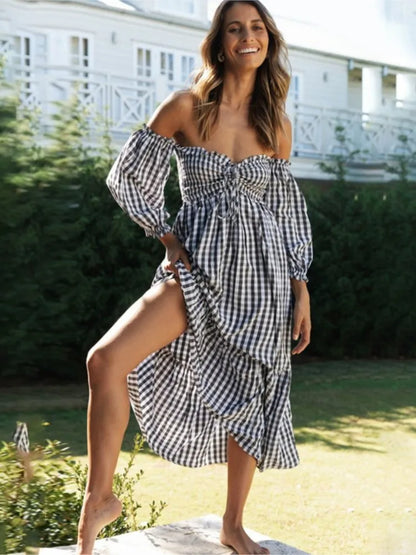 Fashion Print Off Shoulder Women's Plaid Dress New Autumn Fashion Elegant Party Casual Dresses Femlae Holiday Robe Femme