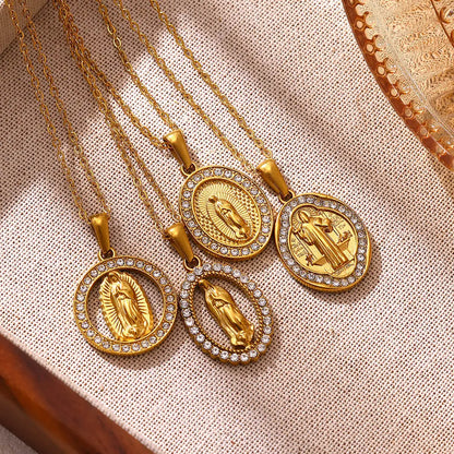 Virgin Mary Pendant With Diamonds Necklace For Women Gold Color Medal Charm Stainless Steel Religious Punk Jewelry Easter Gift