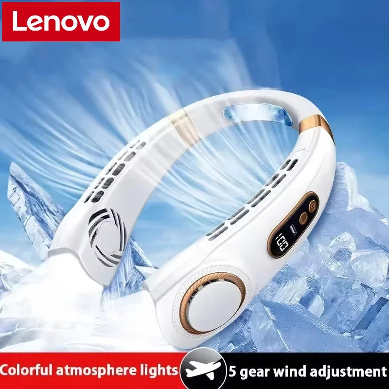 Lenovo Neck Fan 5 Speed Rechargeable Portable Digital Display 4000mAh Bladeless Electric Fan Hands Free Wearable Air Conditioner