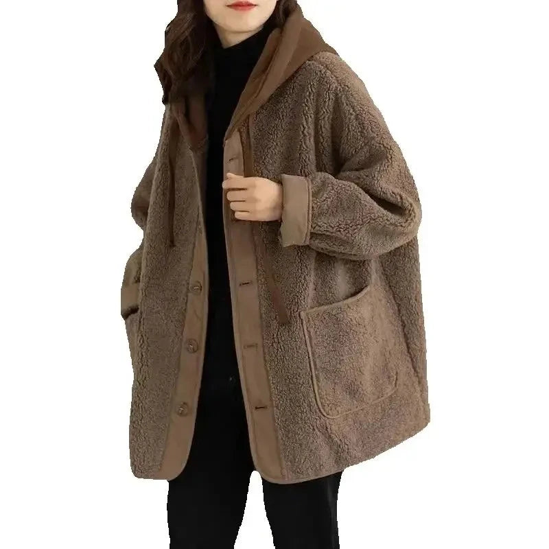 Fashion Lamb Plush Hooded Coat Women New 2024 Autumn Winter Mid-Long Thick Pocket Coats Loose Large Size Overcoat Outerwears