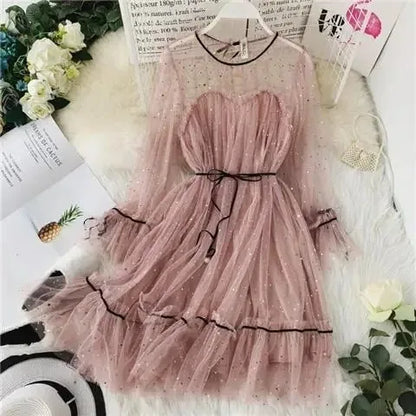 Women Dress Star Shiny Sequin Star Flare Sleeve Lace Up Priceess Korean Fashion Solid Color Elegant Mesh Lace Summer Clothing