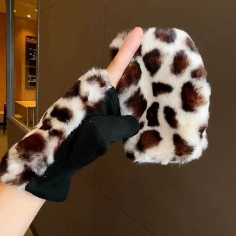 Winter Korean version half -finger leopard gloves suede iconic fur gloves, students with velvet fur, warm gloves wholesale