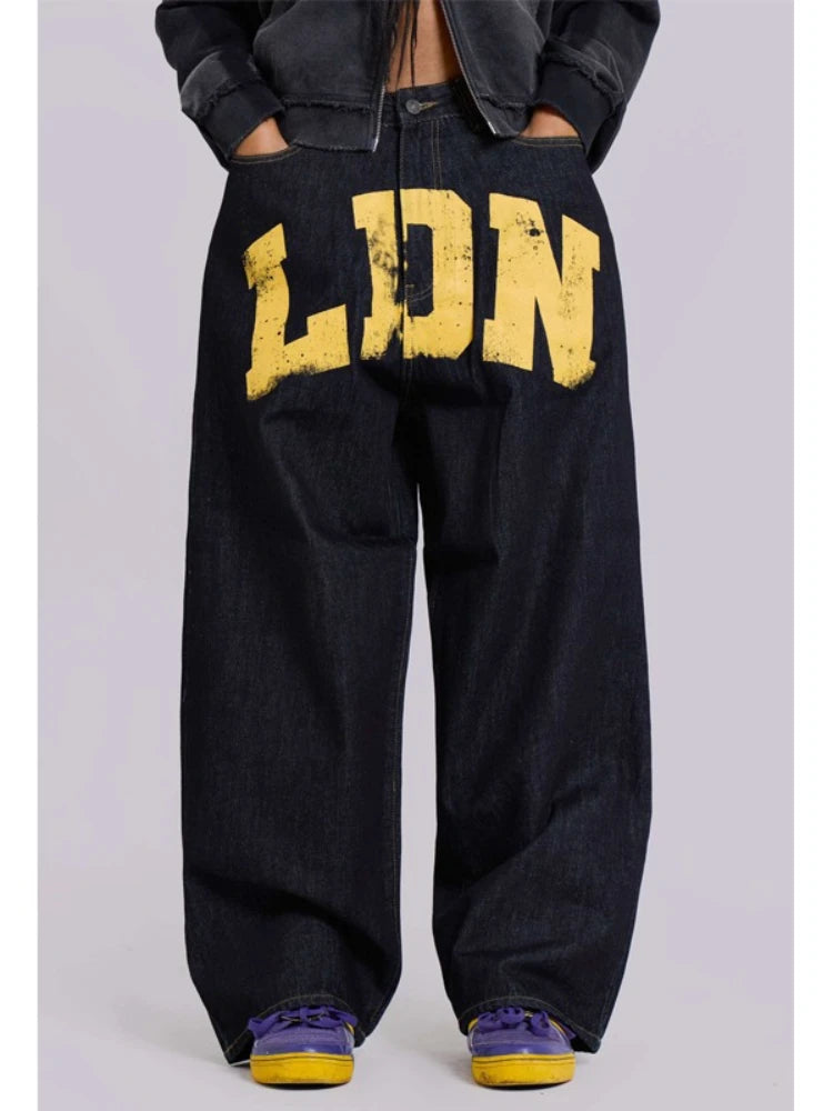 HOUZHOU Vintage Letter Print Jeans Women Black Gothic Y2k Baggy Denim Trousers Retro Hip Hop Grunge Wide Leg Pants Streetwear