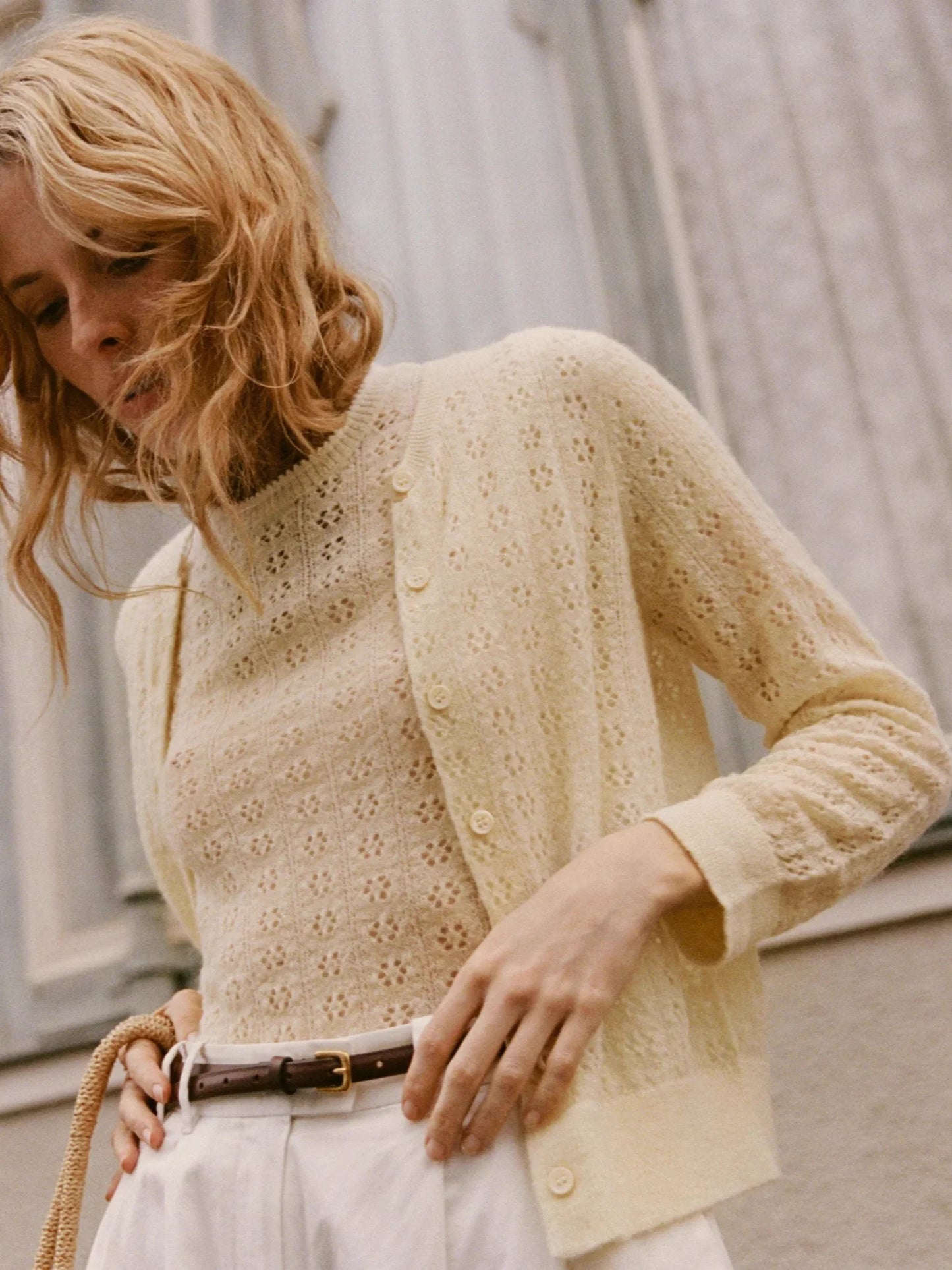 Women Hollow Out Long Sleeve Single Breasted Knitted Cardigan or Round Neck Short Sleeve Pullover