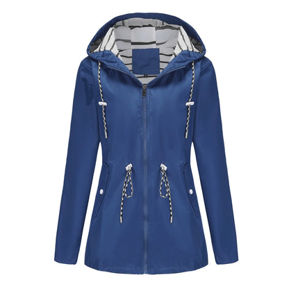 Women Outdoor Windbreaker Casual Loose Hooded Waterproof Raincoat Long Sleeve Solid Color Mid-length Zipper Hiking Jackets