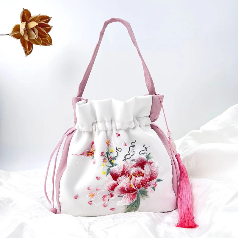 Chinese Style Retro Flower Embroidery Crossbody Top-handle Bags Women Shoulder Lace Drawstring Bucket Bag Coin Purses Handbags