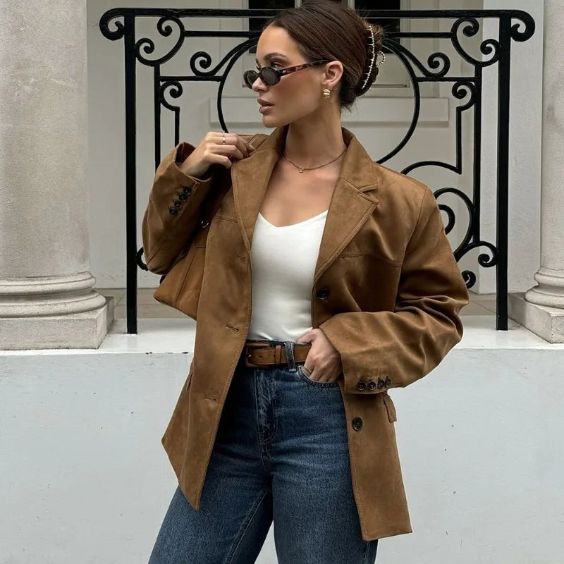 Talenza Vintage Women's Suede Leather Jacket Single Breasted Lapel Brown Blazer Loose Coats 2025 Autumn Office Lady Outerwears