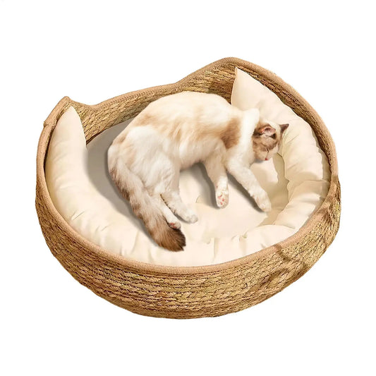 Cat Bed Cat Woven Nest Bed with Soft Cushion and Pillow All Season Weaving Pet Sleeping Resting Scratching Furniture for Puppy