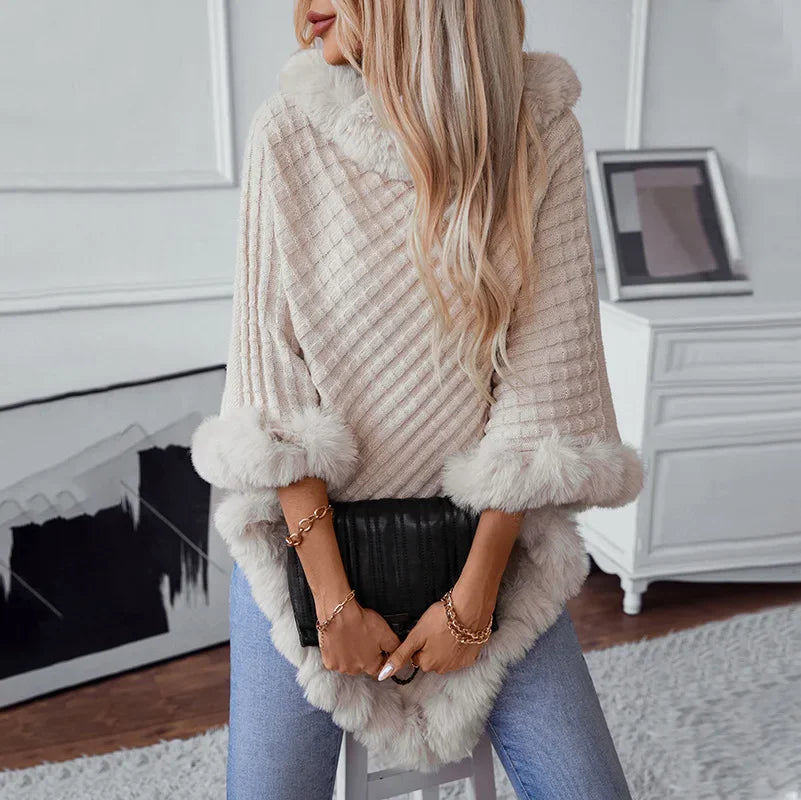 Knitted Cloak Sweater Women Shawl Outwear Warm Hairball Knit Casual Loose Plaid Poncho Cape Coat Spliced Solid Elegant