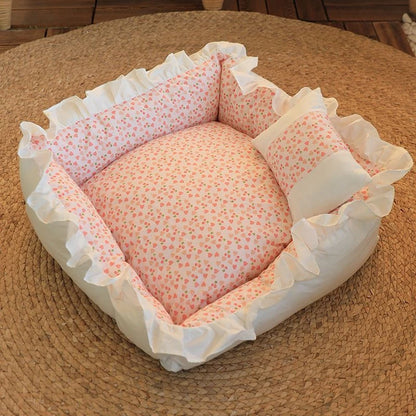 Pet Dog Lace Bed Cat Bed Cute Puppy Square Sleeping Cushion Bed Cat Sofa Warming Dog Nest with Pillow Washable Pet Bed S~L