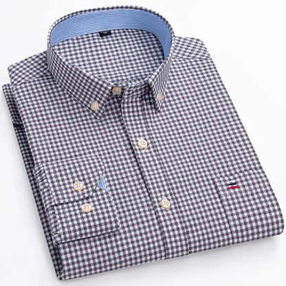 Men's Long Sleeve Oxford Dress Shirt 100% Cotton Plaid Checkered Chest Pocket Button Down Collar Casual Shirts