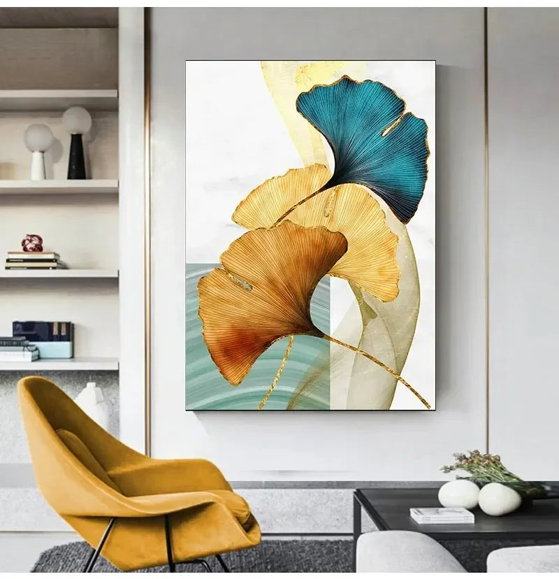 Modern Picture Living Room Decor Blue Green Yellow Gold Plant Leaf Abstract Nordic Canvas Print Wall Art Painting Home Decor