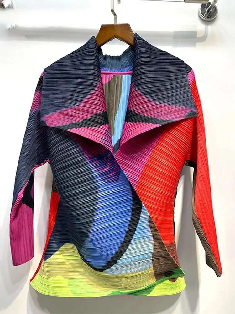 GVUW Pleated Color Block Jacket Coat Women's 2025  Autumn Lapel Long Sleeve Single Button Loose Female Fashion Top 17D1331