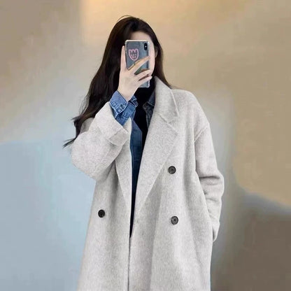 Grey Double-sided Cashmere Coat Women's 2025 Winter New Korean version Loose Thick Down Woolen Coats Solid Casual Long Overcoat
