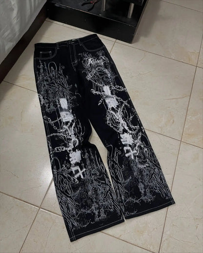 New Cyberpunk Jeans Mens American Y2K Red Graphic Street Goth Baggy Wide-Leg Pants Harajuku Hip-Hop Straight Pants