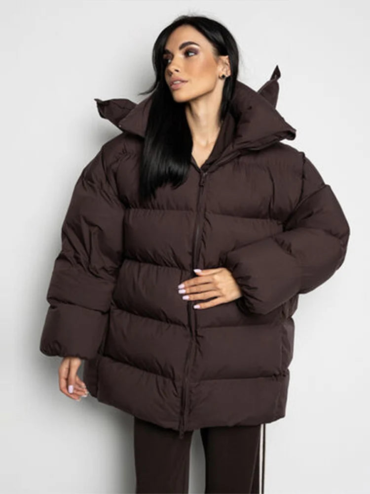 Winter Warm Hooded Cotton Jacket Women Fashion Standneck Zipper Long Sleeves Oversize Coats 2025 Female Chic Casual Outerwear