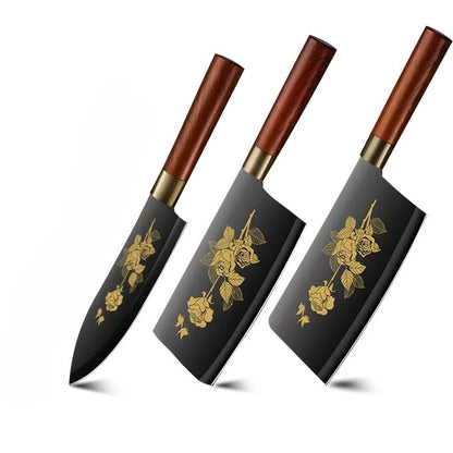 Deluxe Gold Titanium Plated Blade Fruit and Vegetable Chopper Deluxe Stainless Steel Kitchen Knife Professional Cooking Gear