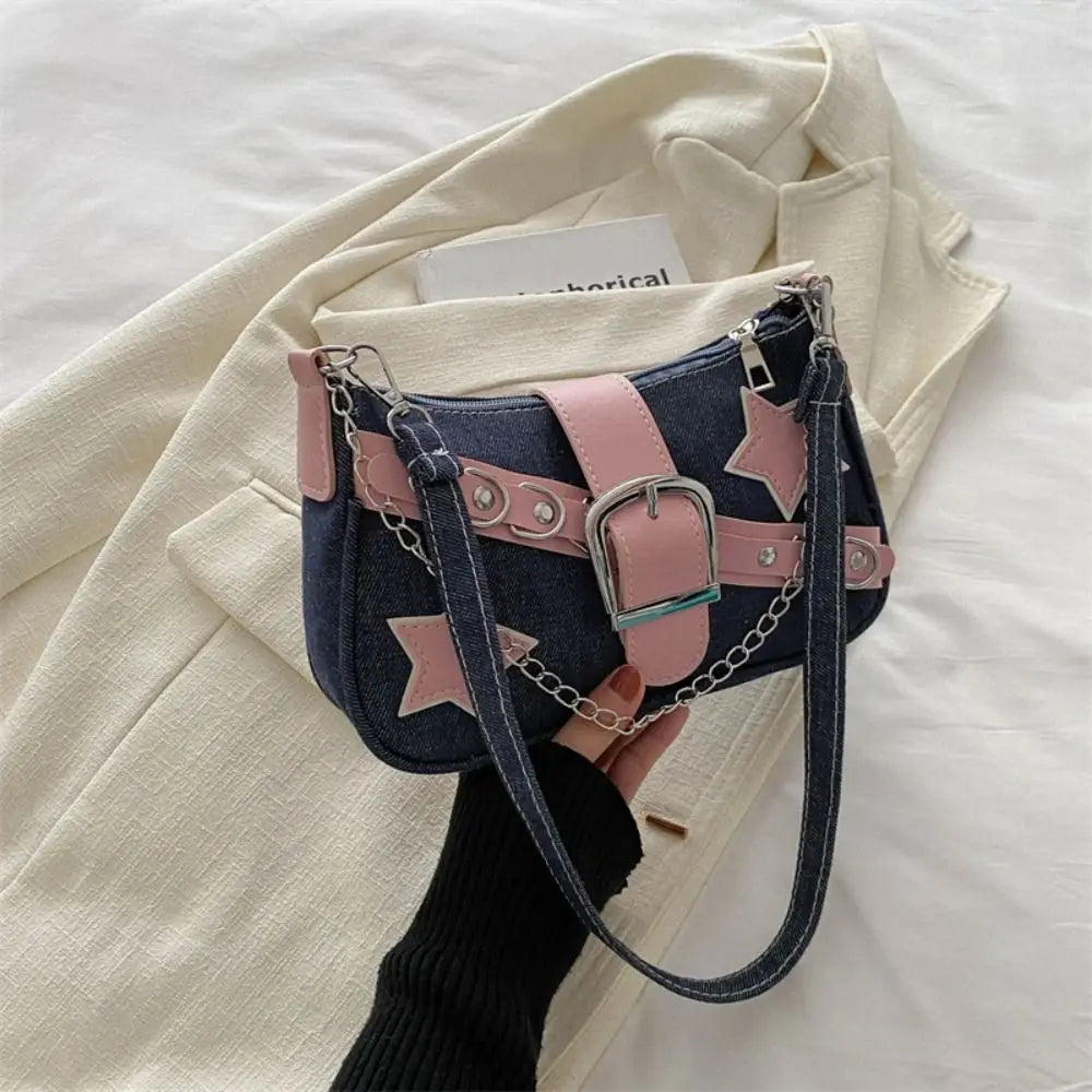 Y2k Fashion Women's Handbags Stars Pattern Cool Girls Underarm Bag Fashion Female Small Shoulder Bags Chain Tote Purses