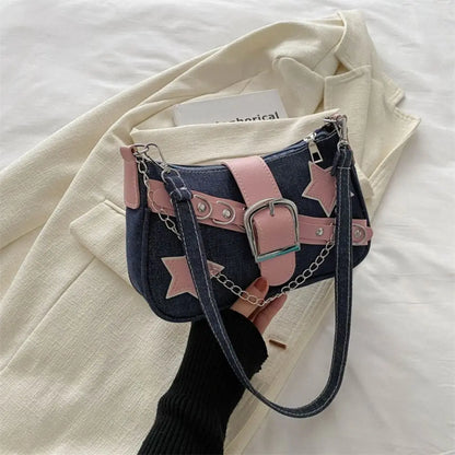 Y2k Fashion Women's Handbags Stars Pattern Cool Girls Underarm Bag Fashion Female Small Shoulder Bags Chain Tote Purses