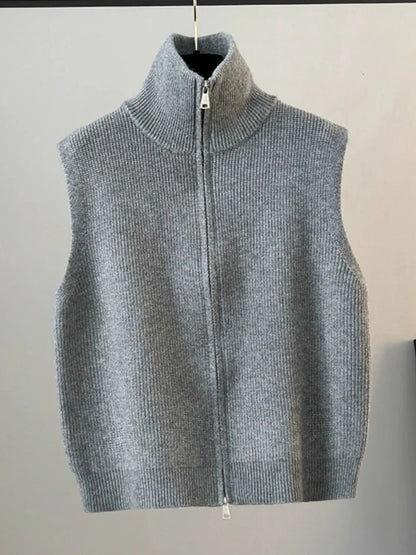 High Collar Zipper Knitted Open Cardigan Vest Women's Loose Layering Jacket Sweater Shoulder Pad Spring Autumn Winter New Style