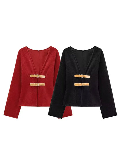 HH 2024Female Autumn Fashion Casual Coats Long Sleeves Belt Decoration Cardigan Solid V-Neck Slim 2-Colors Elegant Retro Top
