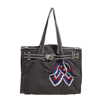 Japanese Nylon Silk Scarf Embroider Tote Bag Large Capacity Fashion Shoulder Bag for School Work Shopping Retro Handbag 2025 NEW