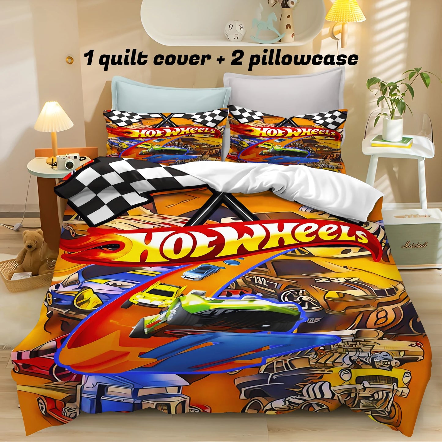 Cartoon Hot-wheel Duvet Cover Home Pillowcase Set Adult Bedroom Children Comforter Bedding