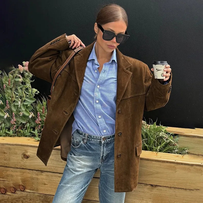 Talenza Vintage Women's Suede Leather Jacket Single Breasted Lapel Brown Blazer Loose Coats 2025 Autumn Office Lady Outerwears