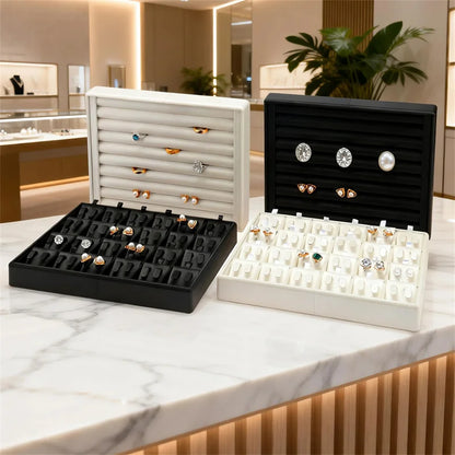 Stackable Leather Ring & Earring Tray - 25x20cm Black White Storage Box with Lid - Jewelry Organizer