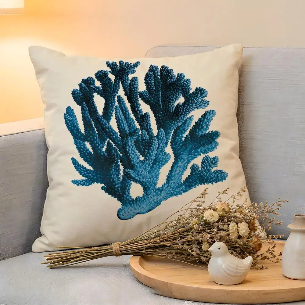 Cushion Cover  Linen  Skin-Friendly Soft Decorative Case For Sofa Home Decor Blue Sea Creature Coral Shrimp Pillow cover