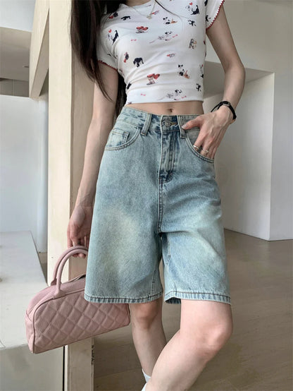 Trendy Women's Y2K High Waist Light Wash Oversized Denim Shorts Bermuda Length Wide Leg Trousers for 2026