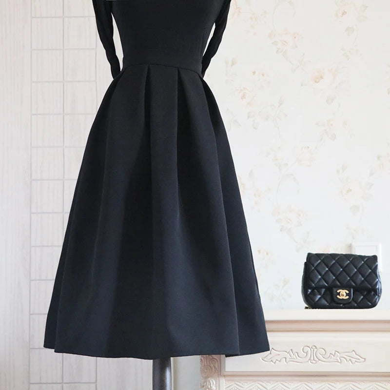 High Waist A-Line Midi Skirt Bla New Retro Pleated Fluffy f-length Spring Autumn Winter Seasonal Wear Polyester Fiber