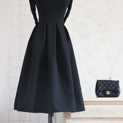 High Waist A-Line Midi Skirt Bla New Retro Pleated Fluffy f-length Spring Autumn Winter Seasonal Wear Polyester Fiber