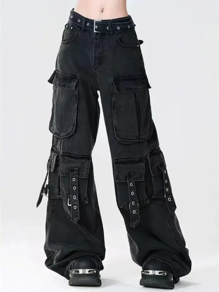 ADAgirl Cargo Straight Leg Jeans Women Y2k Harajuku Baggy Retro Do Old Belt Korean High Waist Denim Pants Hip Hop Slouchy Jeans