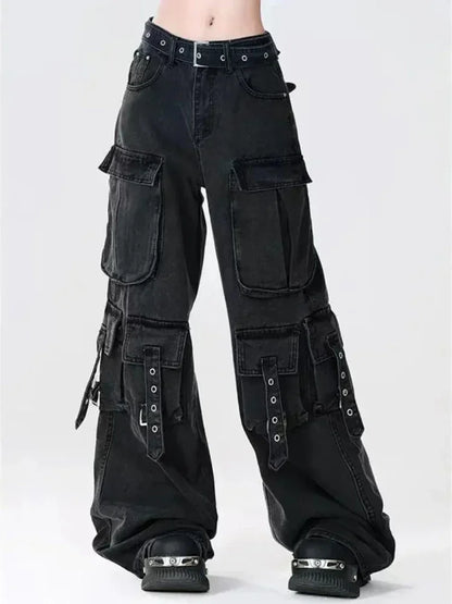 ADAgirl Cargo Straight Leg Jeans Women Y2k Harajuku Baggy Retro Do Old Belt Korean High Waist Denim Pants Hip Hop Slouchy Jeans